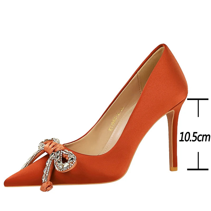 BIGTREE Shoes Bowknot Rhinestone Women Pumps Silks Satins High Heels Stiletto 10.5 Cm Luxury Banquet Shoes Women Large Size 43