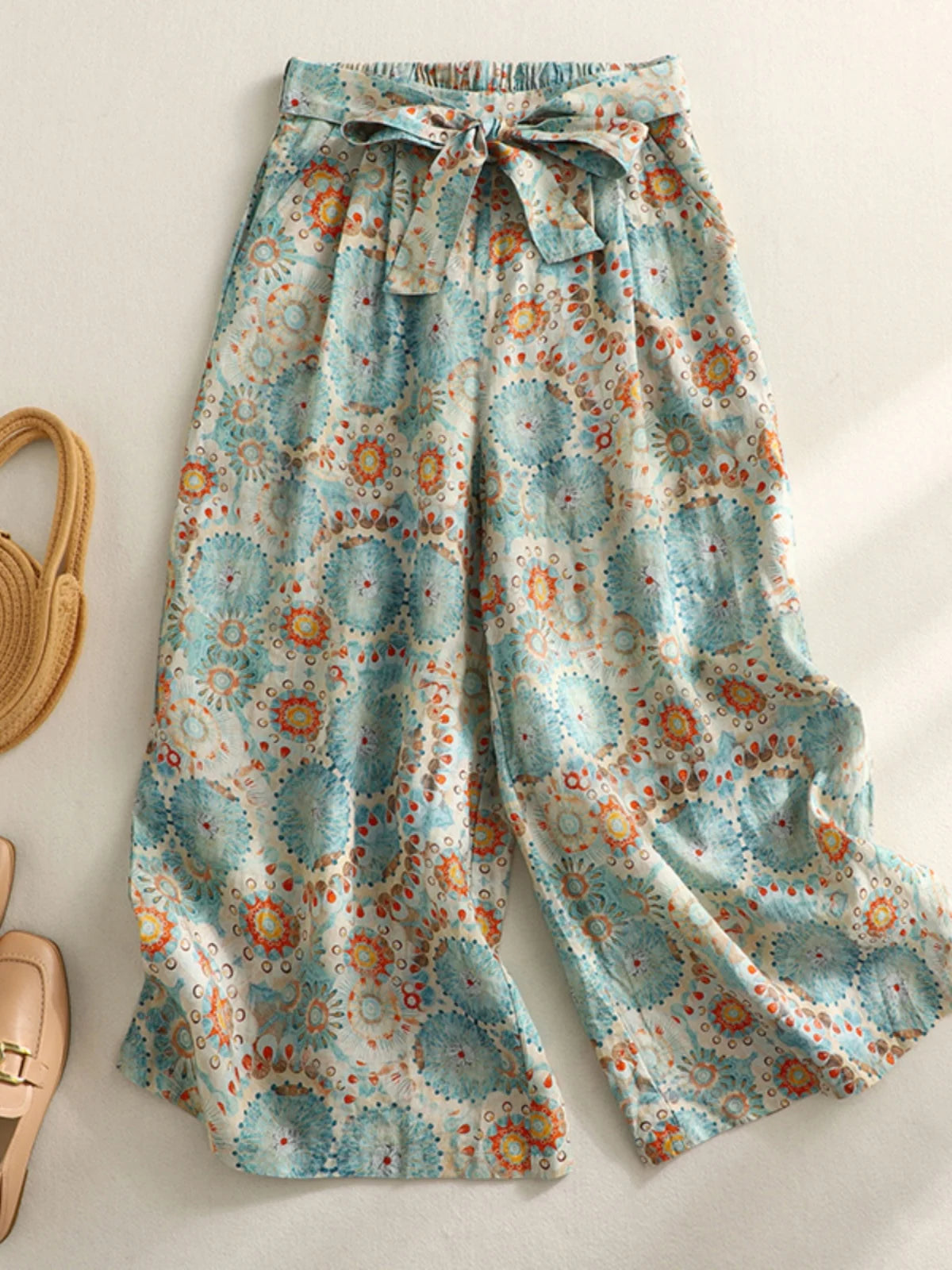 Retro Print Cotton Linen Wide Leg Pants High Waist Belted Slimming Casual Straight Nine Point Trousers for plus Size Women