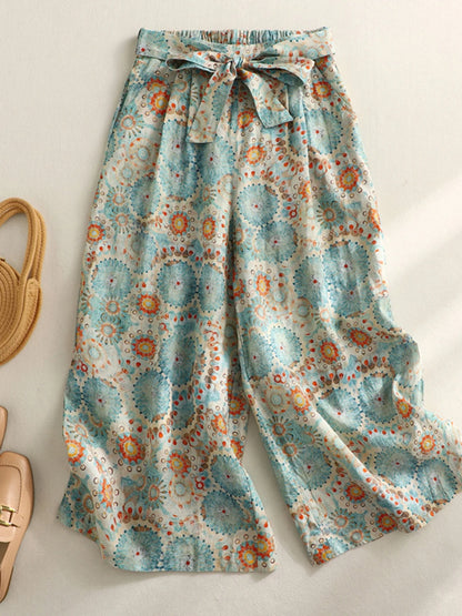 Retro Print Cotton Linen Wide Leg Pants High Waist Belted Slimming Casual Straight Nine Point Trousers for plus Size Women