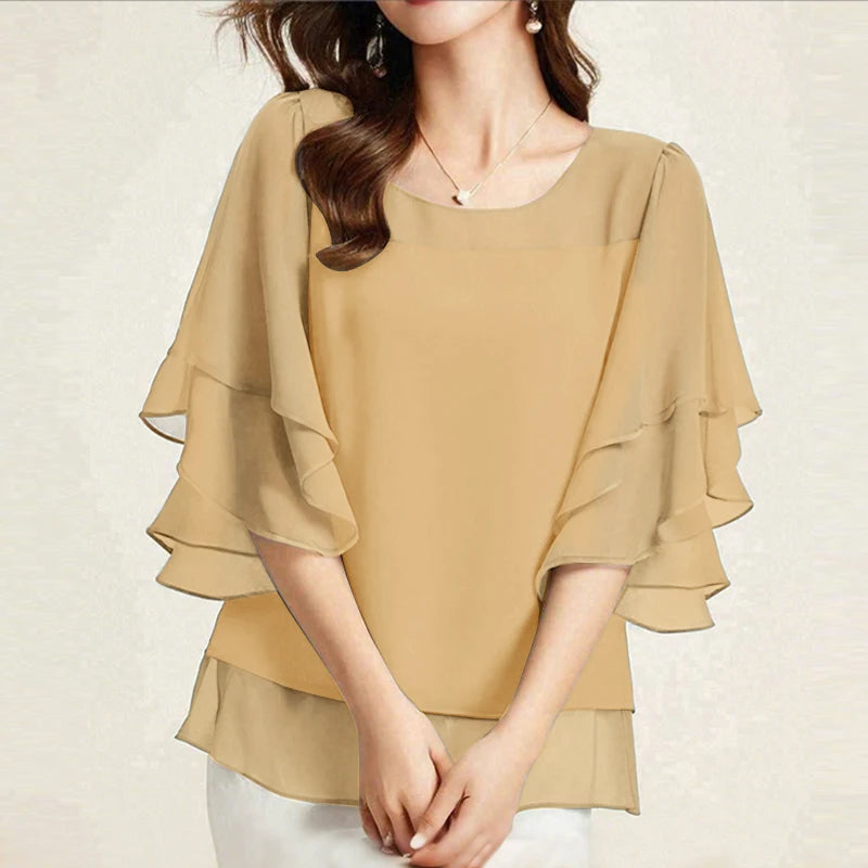 2025 ZANZEA Fashion Women Chiffon Blouse Solid Color Tops Tunic Autumn 3/4 Sleeve Ruffled Shirts Casual Office Lady Elegant Tops
