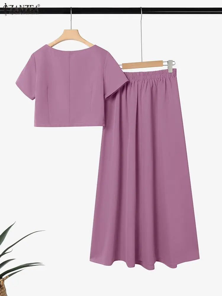 ZANZEA Fashion 2 Pieces Skirt Sets Women Elegant Boatneck Short Sleeve Crop Tops and Pleated Long Skirts Suits Woman Outfits 3XL