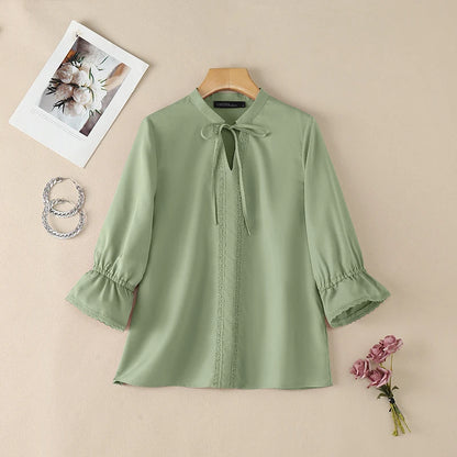 ZANZEA Women Elegant Lace Paneled Blouses Lace-Up V-Neck 3/4 Sleeves Tops Summer Daily Casual Solid Color Blusas de Mujer