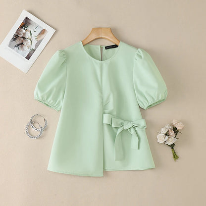 ZANZEA Women Elegant Chic Tied Waist Blouses O-Neck Short Puff Sleeve Solid Color Tops Summer Fashion Blusas de Mujer Streetwear