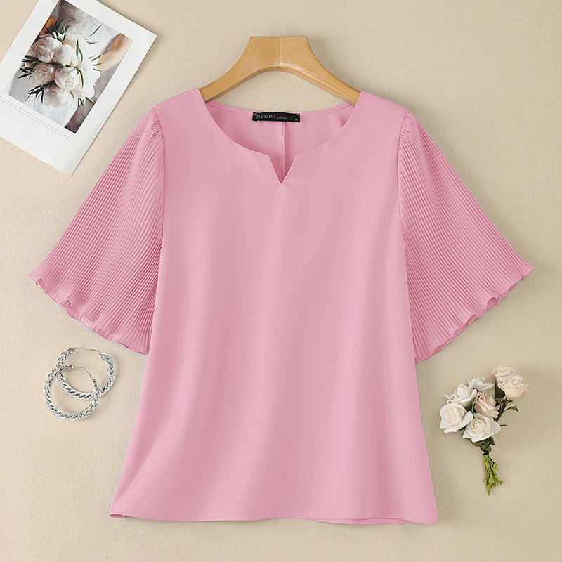 ZANZEA Woman Elegant Pleated Half Sleeves Patchwork Blouses V-Neck Solid Color Tops 2026 Summer Office Work Commute Blusas Mujer