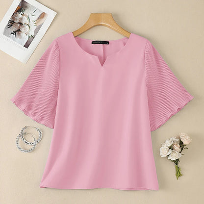 ZANZEA Woman Elegant Pleated Half Sleeves Patchwork Blouses V-Neck Solid Color Tops 2026 Summer Office Work Commute Blusas Mujer