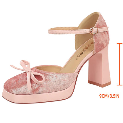 BIGTREE Shoes Suede Women Pumps Thick Heeled Shoes With High Heels Bowknot Platform Heels 9 CM Buckle High-heeled Sandals Summer
