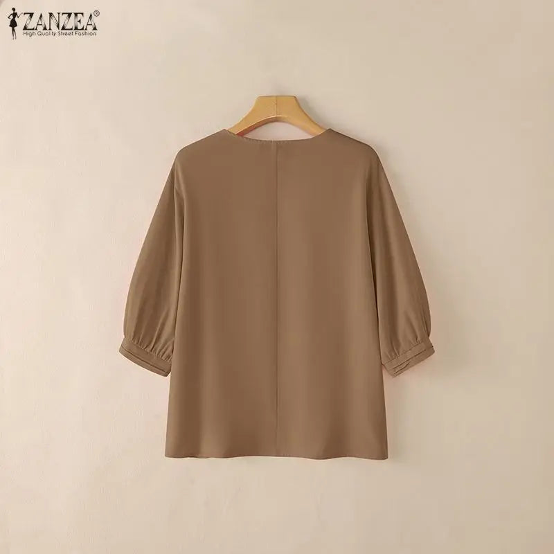 ZANZEA Woman Casual Minimalist Blouses Summer Pintuck Detailing O-Neck 3/4 Puff Sleeve Solid Color Tops Everyday Blusas de Mujer
