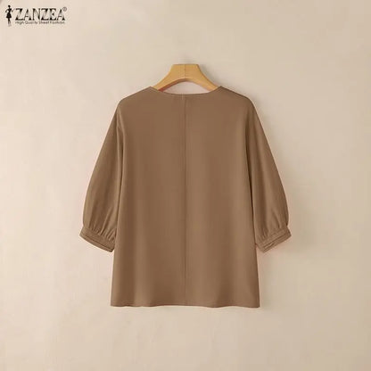 ZANZEA Woman Casual Minimalist Blouses Summer Pintuck Detailing O-Neck 3/4 Puff Sleeve Solid Color Tops Everyday Blusas de Mujer