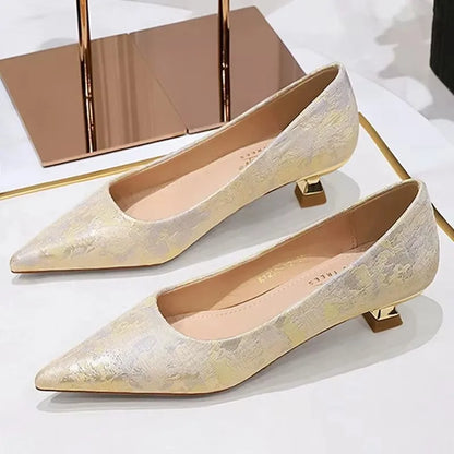 BIGTREE Shoes 3 CM Floral Cloth Surface Kitten Heels Women Shoes Sweet Fashion Low Heel Ladies Shoes Pointed Toe Women Pumps