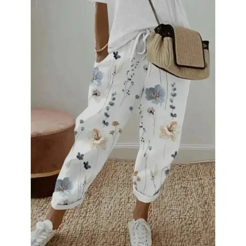 Plus Size 1XL-5XL  Women's Fashion Floral Print Straight Elastic Drawstring Pocket Pants Ladise Casual Versatile Pants