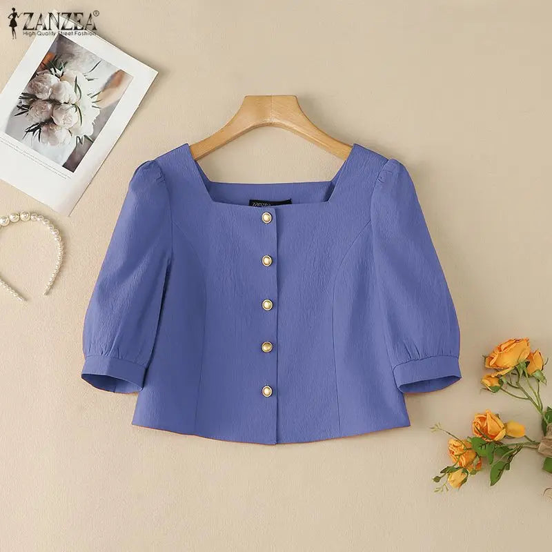 ZANZEA Summer Autumn Women Blouses Fashion Square Collar Solid Color Tops Half Sleeve Tee Blusas Fashion Streetwear Oversize