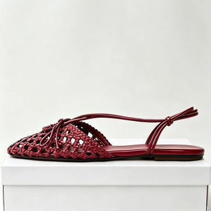 Hand Woven Back Strap Flat Sandals Women Braided Upper Design Slingback Cage Flats for Girl Cute Bow Detail Summer Casual Shoes