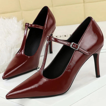 BIGTREE Shoes Women Pumps T-shaped High-Heeled Shoes Stiletto 8 cm Heels Hollow Pointed Tip High Heels Occupation Office Shoes