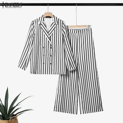ZANZEA Casual Office Stripe Suits Women Striped Outfit Two Piece Vintage Long Sleeve Double Breasted Blazer Wide Leg Pants Sets