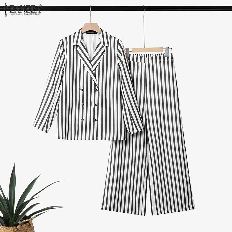 ZANZEA Casual Office Stripe Suits Women Striped Outfit Two Piece Vintage Long Sleeve Double Breasted Blazer Wide Leg Pants Sets