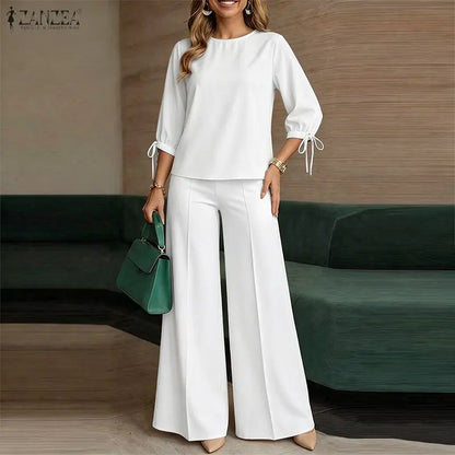 ZANZEA Women Minimalist Pant Sets 3/4 Lantern Sleeve Blouse & Wide Leg Pant Loose 2 Piece Suits Female Commute Work Outfits
