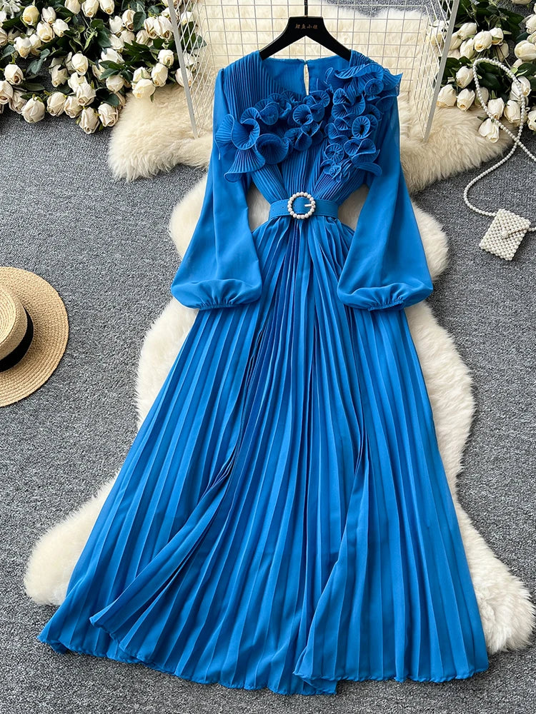 2026 Spring Autumn Fashion Elegant Dress for Women New French Mushroom Edge Crimping Loose Chiffon Long Sleeve Long Dress C141