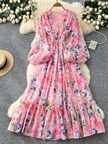 Spring Autumn French V-neck Lantern Sleeve Chiffon Dress Women Fashionable Elegant Elastic Waist Lotus Leaf Edge Length Dress L8