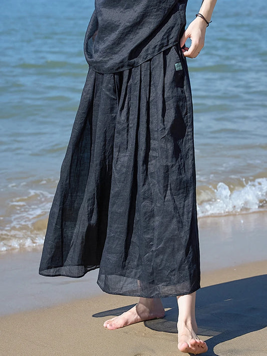 Women Casual Wide Leg Pants New Arrival 2025 Summer Vintage Style Solid Color Linen Loose Female Calf-length Pants M1271
