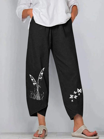 Vintage Cotton and Linen Loose Harem Pants Casual High Waist Wide Leg Trousers Women Harajuku Printed Baggy Pants Oversized