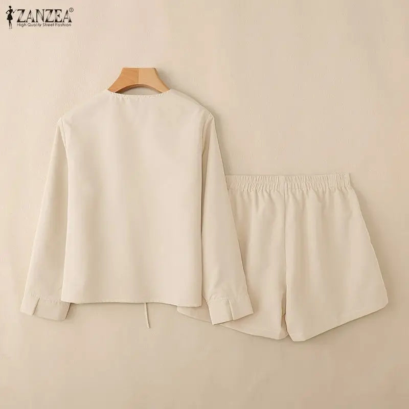 ZANZEA Fashion Women Outfits Holiday 2 Pieces Sets Casual V Neck Long Sleeve Lace-Up Tops Short Sets Solid Color Loose Tracksuit