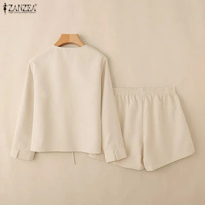 ZANZEA Fashion Women Outfits Holiday 2 Pieces Sets Casual V Neck Long Sleeve Lace-Up Tops Short Sets Solid Color Loose Tracksuit