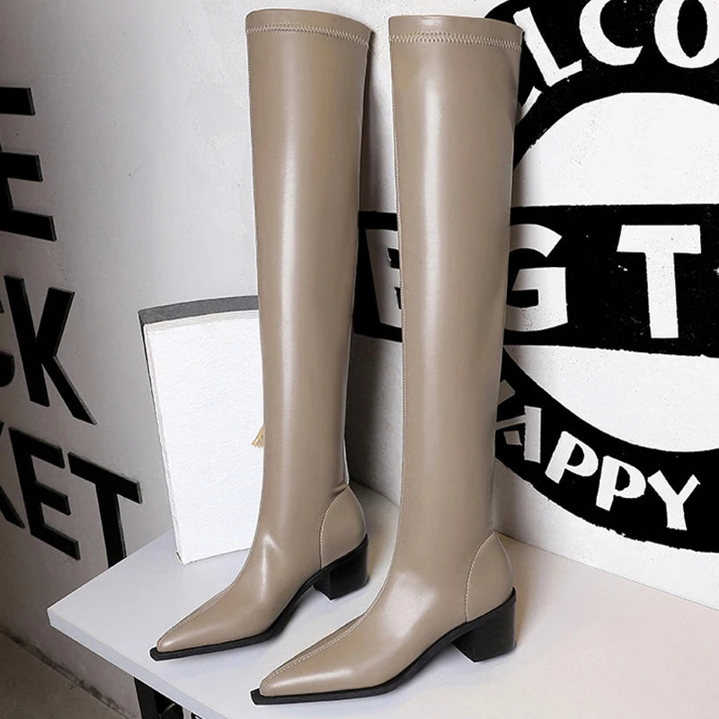 BIGTREE New Leather Boots Sexy Over The Knee Boots Thick Heel Long Boots Women Shoes Pointed Toe High Boots Autumn Winter Shoes