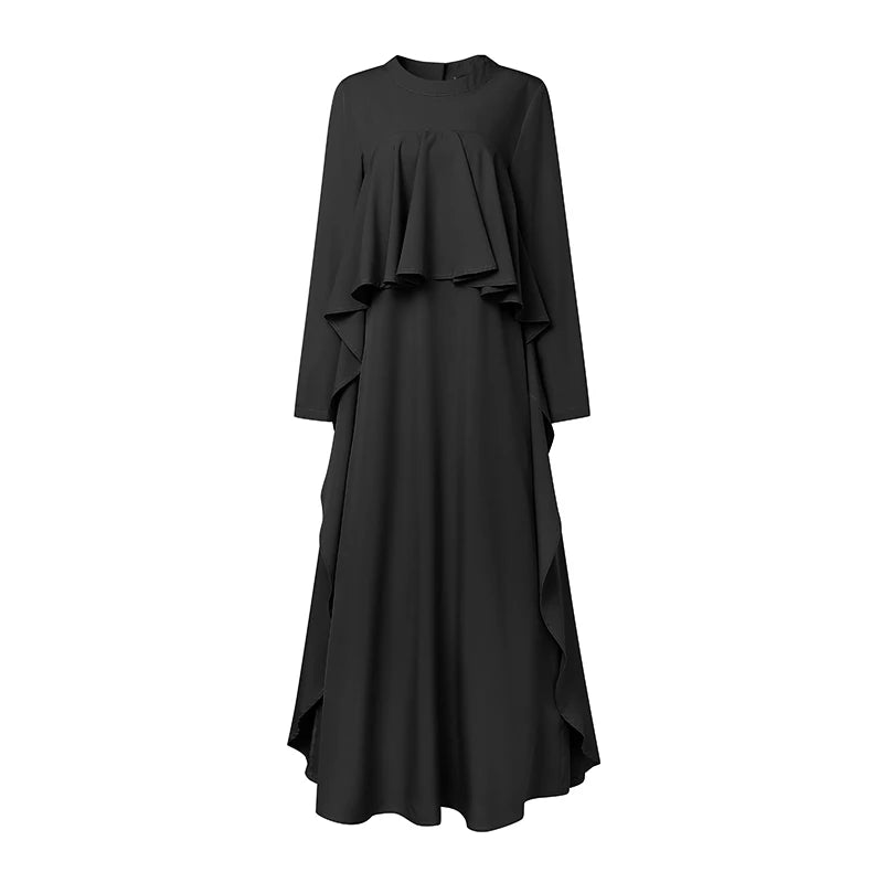ZANZEA Women Elegant Long Sleeve Muslim Abaya Dress Robe Femme Stylish Ruffled Maxi Dresses Solid Loose Ramadan Sundress Kaftan