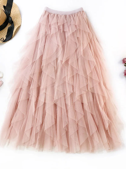 Fashion Tutu Tulle Skirt Women Long Maxi Skirt 2024 Spring Summer Korean Black Pink High Waist Pleated Skirt Female