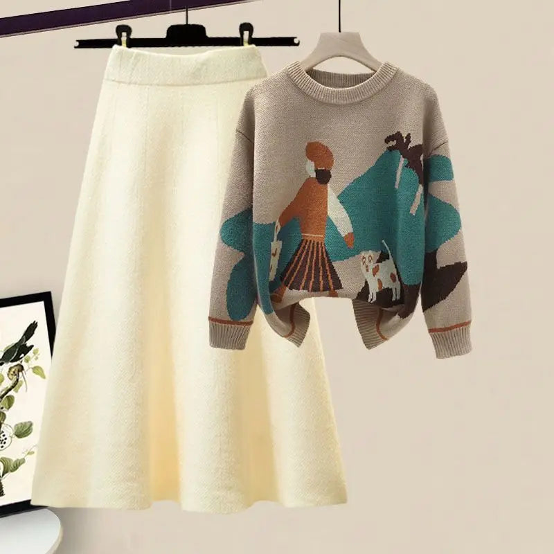 2024 Winter New Cartoon Printed Knitted Sweater Pullover Slim Fit Knitted Skirt Two Piece Elegant Women's Party Dress