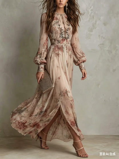 Elegant Long Sleeve Chiffon Long Dresses For Women 2026 Fashion Floral Print Slim Party Maxi Dress Casual