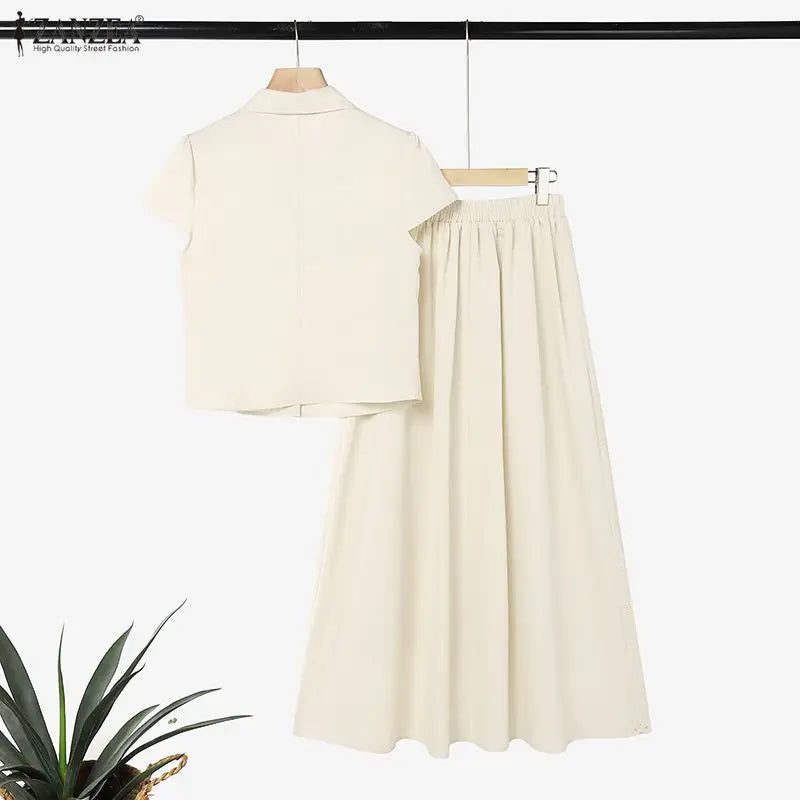 ZANZEA Women's Elegant Chic Skirt Sets Short Sleeve Short Shirt & Embroidered Maxi Skirt 2 Pieces Sets Outfits Korean Fashion