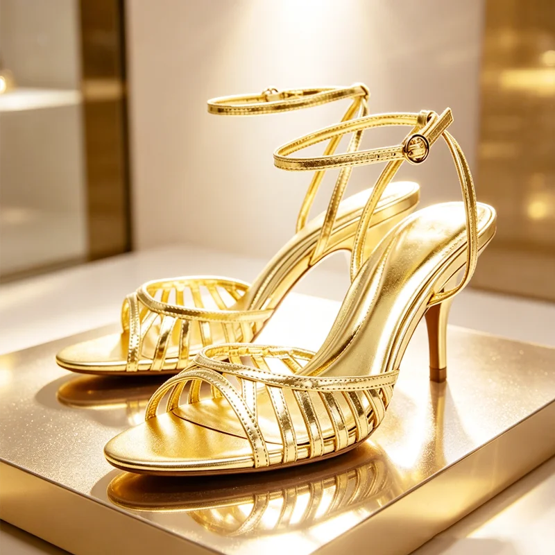 High Quality Summer Women Shoes Gold Ankle Strap Heeled Sandals for Ladies Sexy Open Toe Stilettos High Heels Elegant Party Shoe