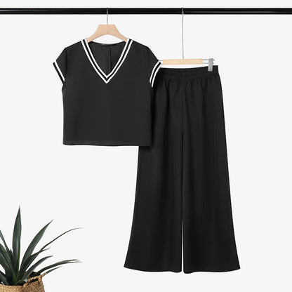 ZANZEA Women Fashion Pant Sets Summer Contrast-Trim Cap Sleeve Short Top & Wide Leg Pant 2 Pieces Sets Casual Pant Suits Outfits