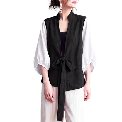 ZANZEA Woman Kimono Tops Stylish Color Blocked Lantern Sleeves Tie-Front Cover-Up 2026 Summer Casual Daily Wear Loose Cardigans