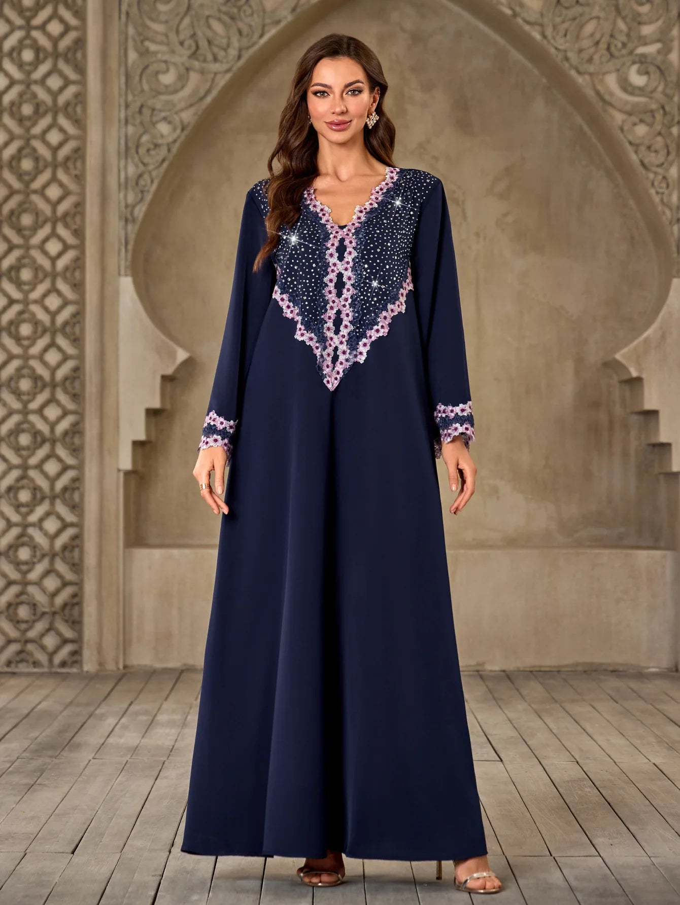 Morocco Abaya Women Dress Diamond Tape Trim Maxi Dress Autumn 2026 Stand Collar Long Sleeve Loose Oman Turkey Dubai Muslim Robe