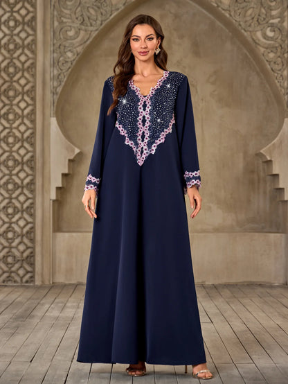 Morocco Abaya Women Dress Diamond Tape Trim Maxi Dress Autumn 2026 Stand Collar Long Sleeve Loose Oman Turkey Dubai Muslim Robe