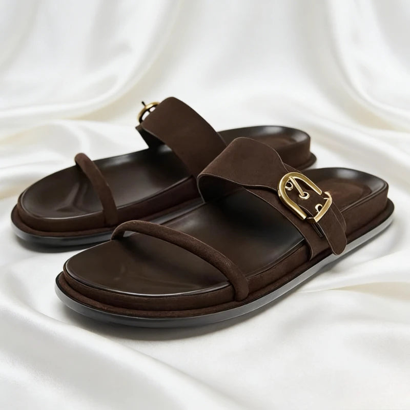Gold Metal Buckle Decorated Flat Sandals Women Summer Soft Soles Comfortable Platform Slippers for Ladies Designer Beach Shoes