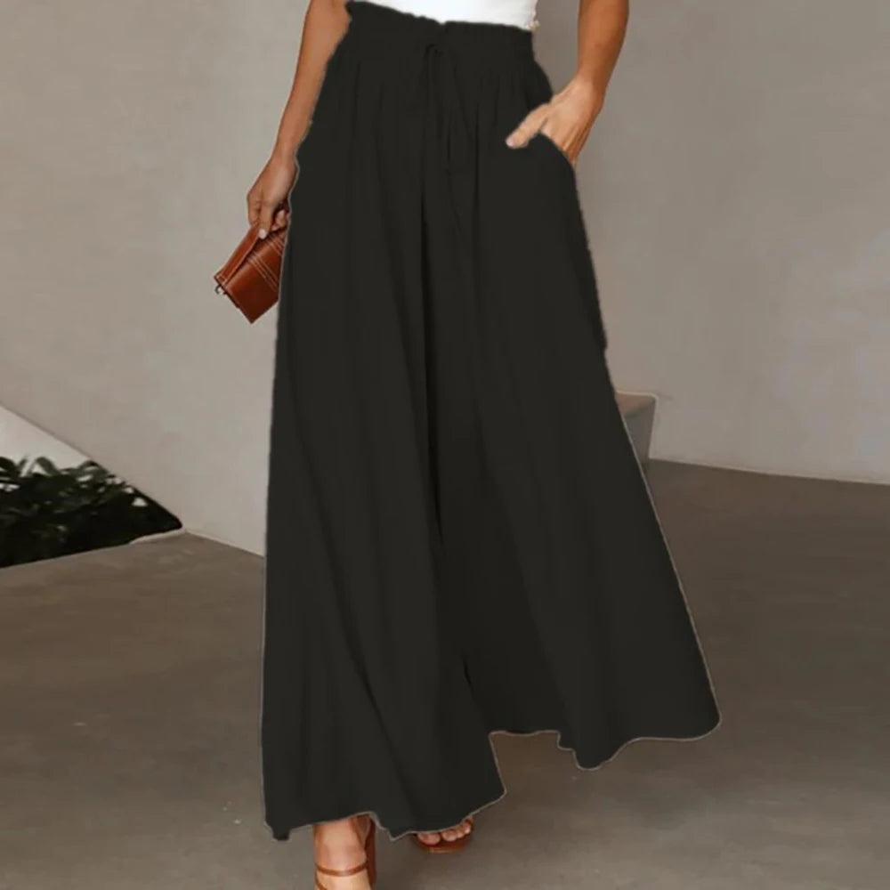 Women Summer Autumn Elegant Solid Chiffon Pants Casual Elastic Waist Wide Leg Pants Loose Straight Trouser Vacation Beach Street