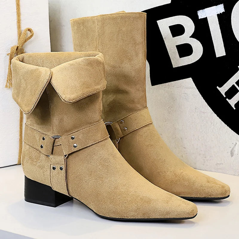 BIGTREE Shoes Women Mid-Calf Boots Retro Style Western Boots Square Head Belt Buckle Women Boots Suede Thick Heel Autumn Boots
