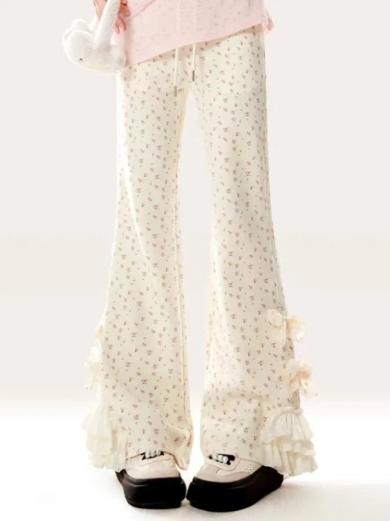 Girls' Micro Flare Pants 2026 Spring Autumn New French Bow Lace Floral Print Slimming Figure Flattering Casual Pants