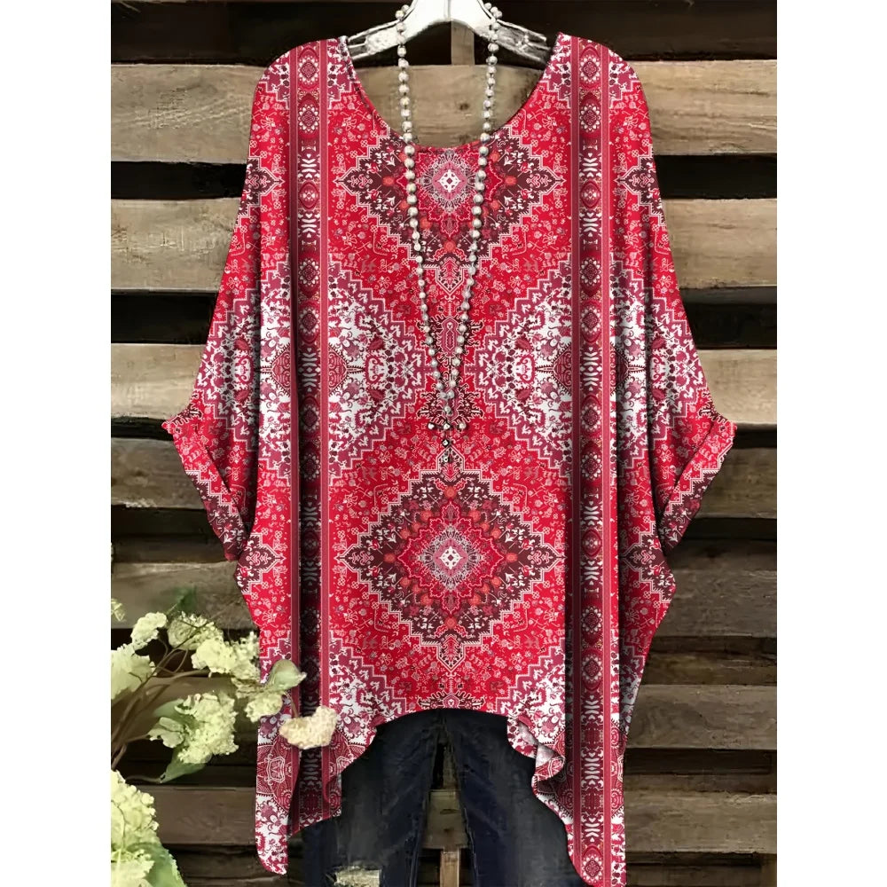 Bohemian Floral Tunic Plus Size Women's Bohemian Floral Print Tunic T-Shirt Short Sleeve Round Neck Casual Top Vibrant 2025