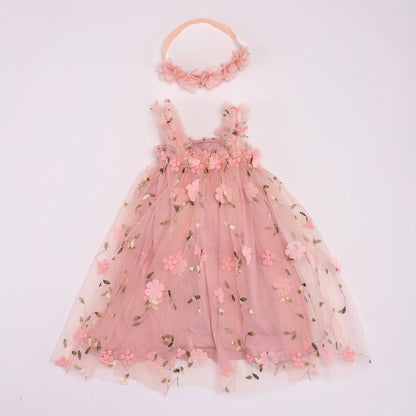 Toddler Baby Girls Tutu Dress Sleeveless Embroidery Floral Print Tulle Dress Little Girl Princess Dresses with Flower Headband