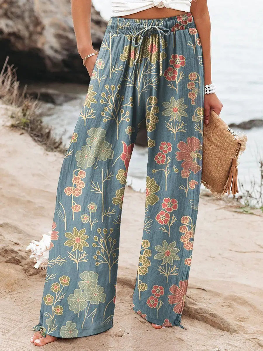 Women's New High Waist Loose Casual Wide Leg Print Pants Summer Beach EU US Style Comfy Flowy Trousers