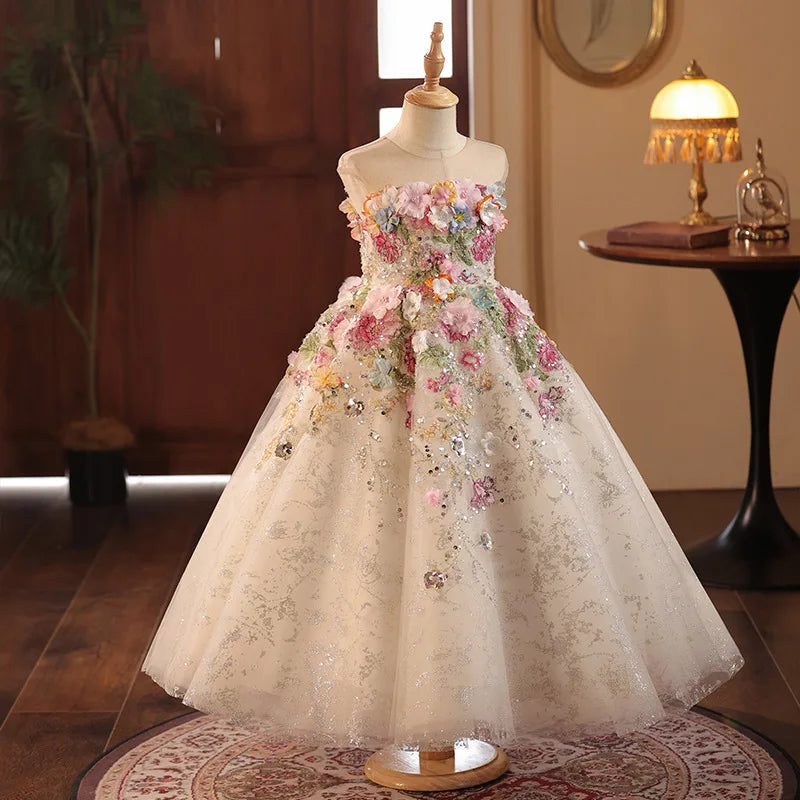 Girls' High-End French Style Forest Series Flower Little Host Walk Show Piano Performance Birthday  Party Princess Dress