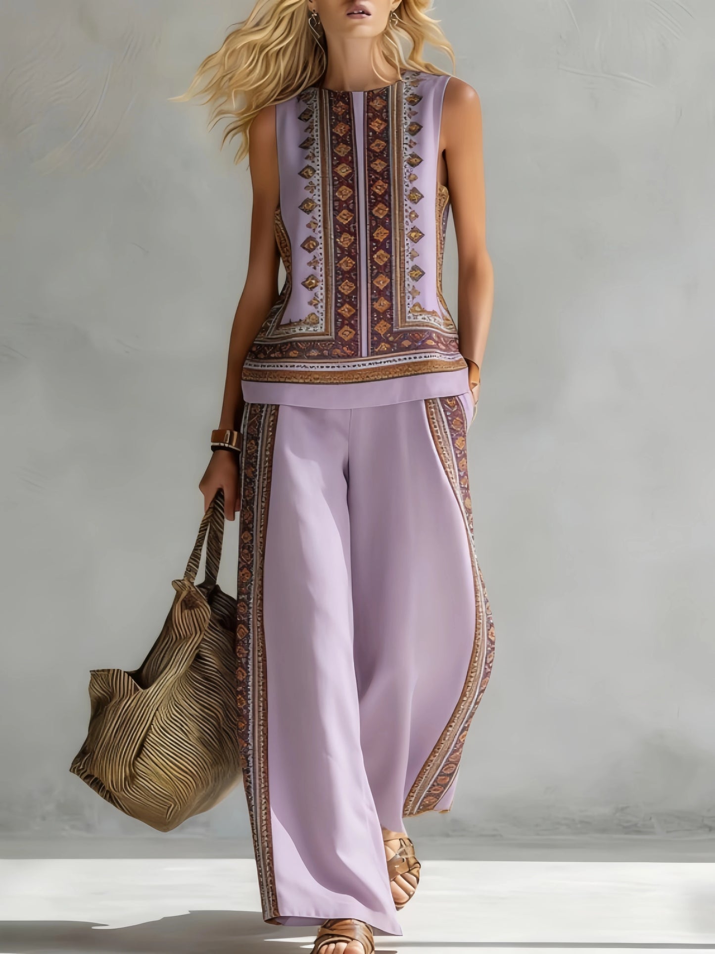 Fashion Retro Printed Sleeveless Tops Trousers 2-piece Set Women's Summer Casual Vest Loose Wide Leg Trousers Female Suit Pocket
