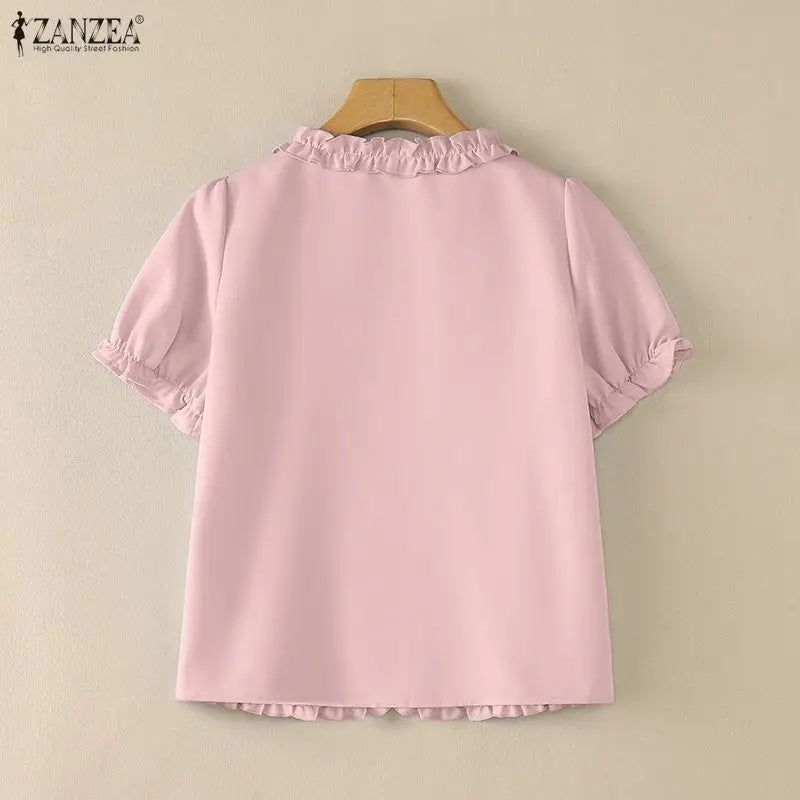 ZANZEA Elegant Ruffled Trim Blouses for Woman V-Neck Short Puff Sleeves Solid Color Tops Summer Casual Date Nights Blusas Mujer