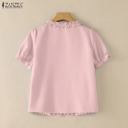 ZANZEA Elegant Ruffled Trim Blouses for Woman V-Neck Short Puff Sleeves Solid Color Tops Summer Casual Date Nights Blusas Mujer
