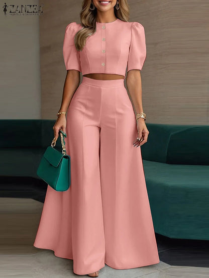 ZANZEA Women's Pant Sets 2 Piece Elegant Chic Short Crop Tops & Wide Leg Pants Two Piece Outfits Trouser Suits Woman Clothes 3XL