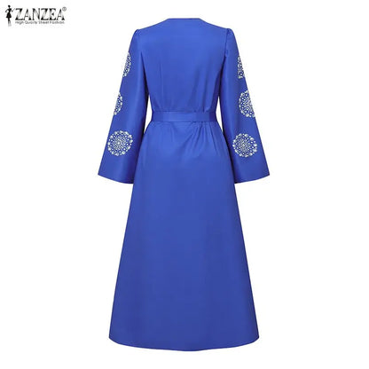 ZANZEA Fashion Women Long Sleeve Muslim Abaya Dresses Floral Printed Dress IsIamic Robe Casual Kaftan Belted Vestidos Ramadan